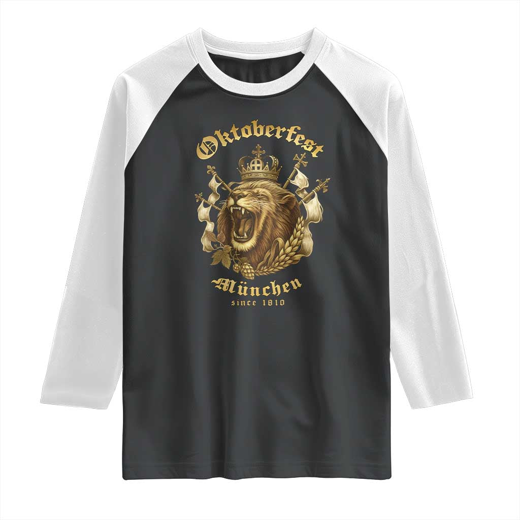 Oktoberfest Munchen Roaring Lion Raglan Shirt Since 1810 Crown and Beer Weapon - Wonder Print Shop