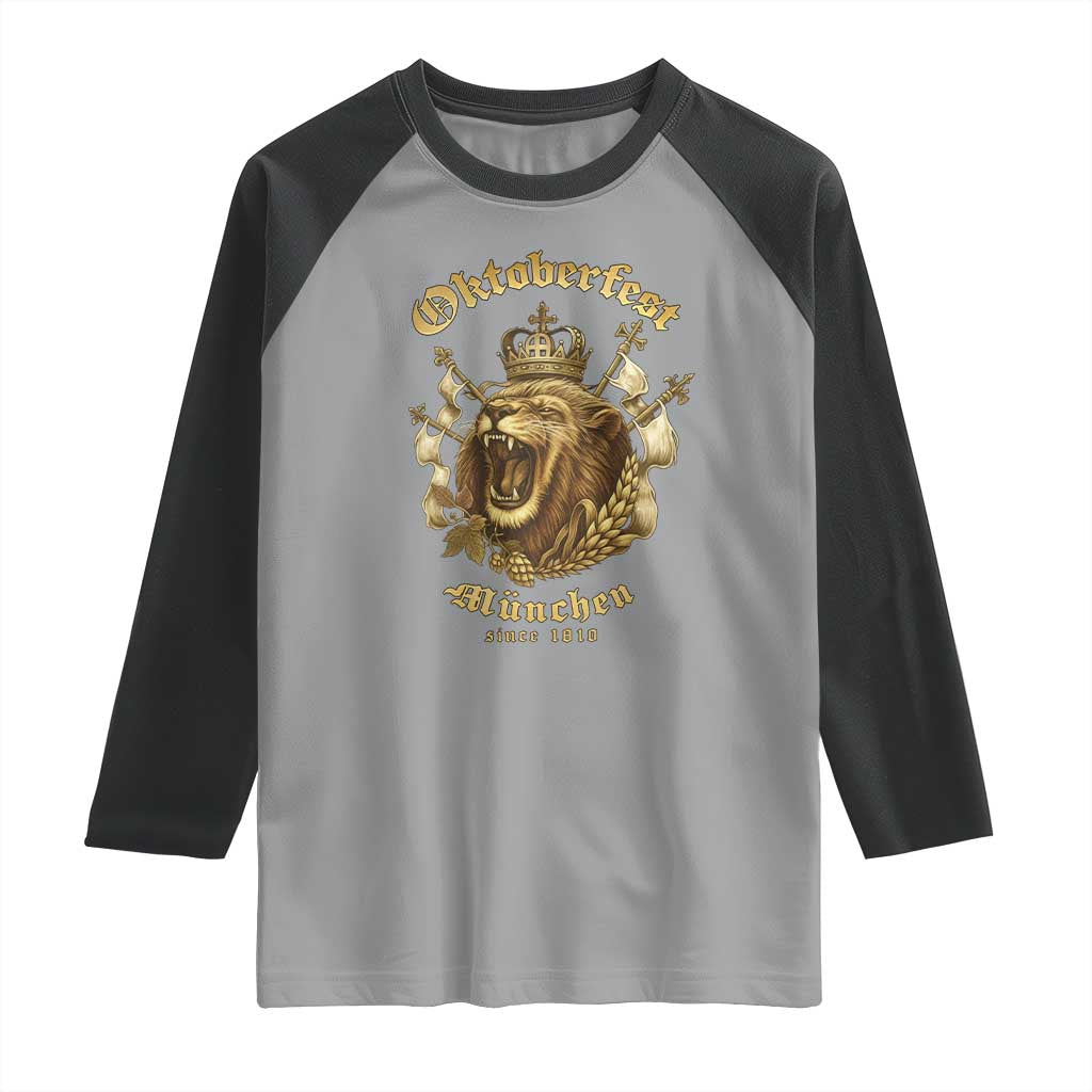 Oktoberfest Munchen Roaring Lion Raglan Shirt Since 1810 Crown and Beer Weapon - Wonder Print Shop