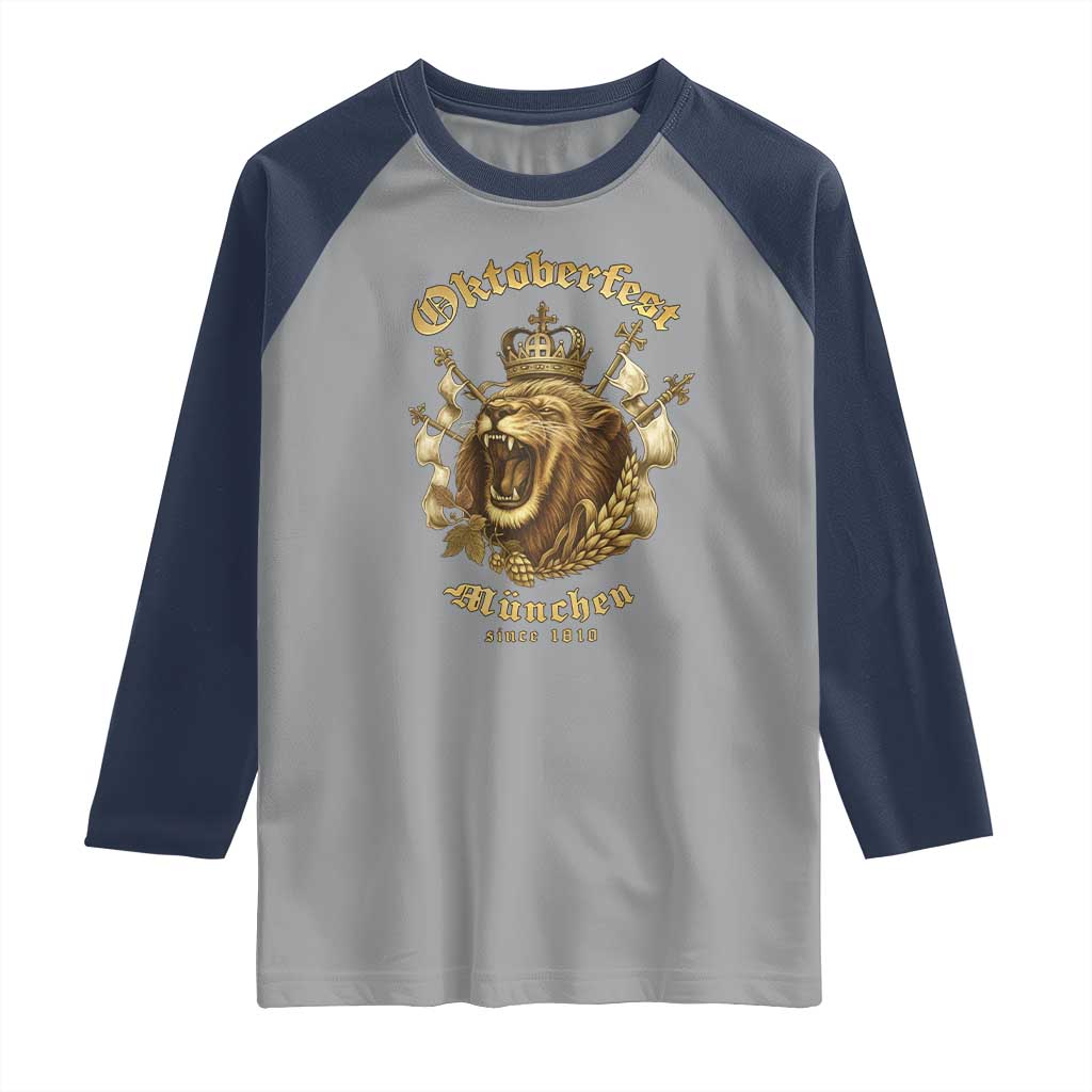 Oktoberfest Munchen Roaring Lion Raglan Shirt Since 1810 Crown and Beer Weapon - Wonder Print Shop