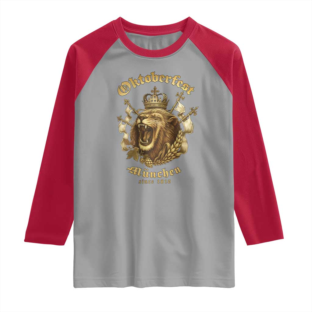 Oktoberfest Munchen Roaring Lion Raglan Shirt Since 1810 Crown and Beer Weapon - Wonder Print Shop