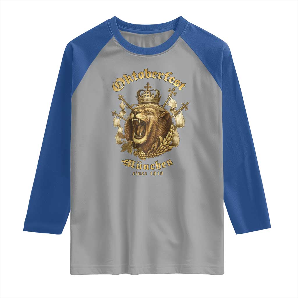 Oktoberfest Munchen Roaring Lion Raglan Shirt Since 1810 Crown and Beer Weapon - Wonder Print Shop