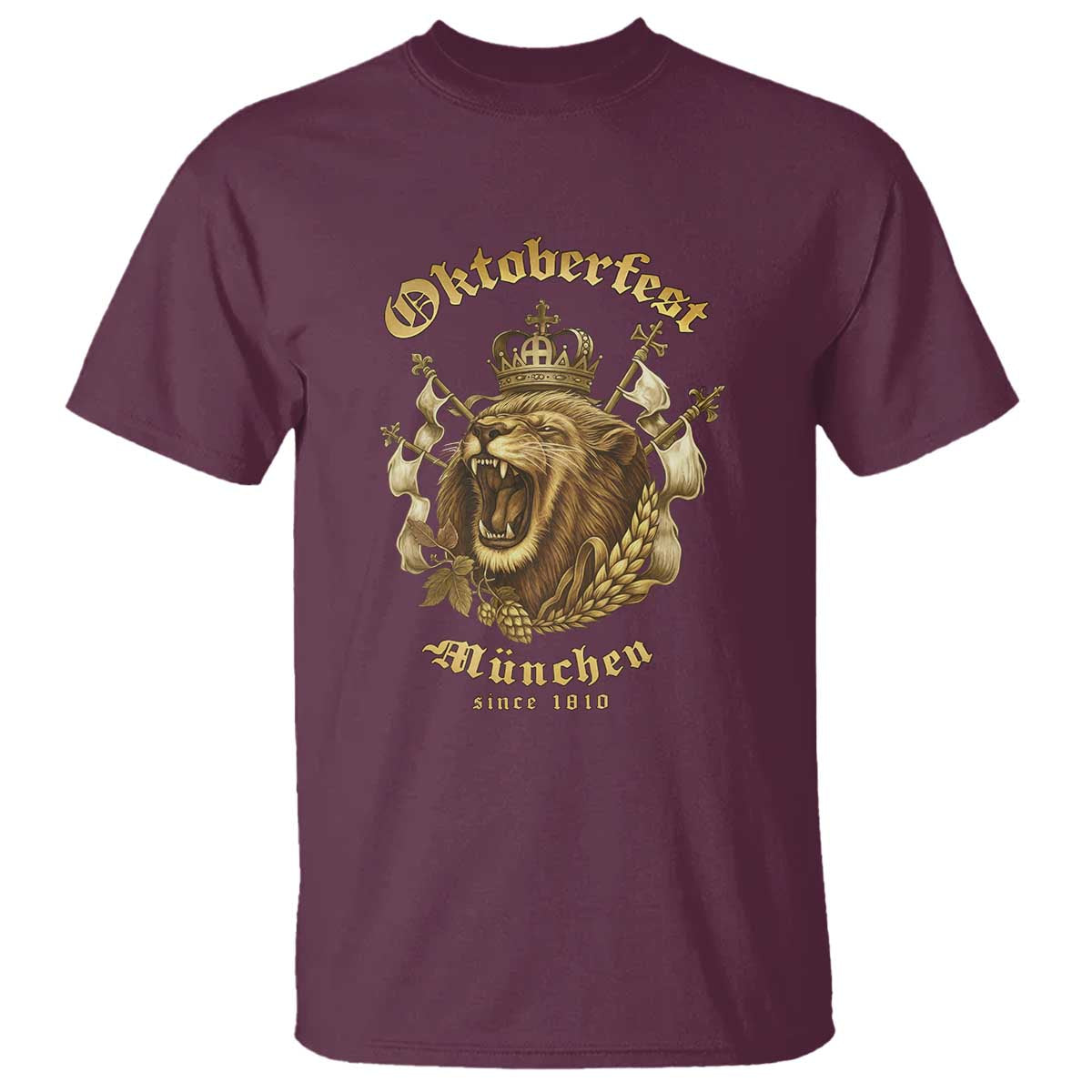 Oktoberfest Munchen Roaring Lion T Shirt Since 1810 Crown and Beer Weapon - Wonder Print Shop