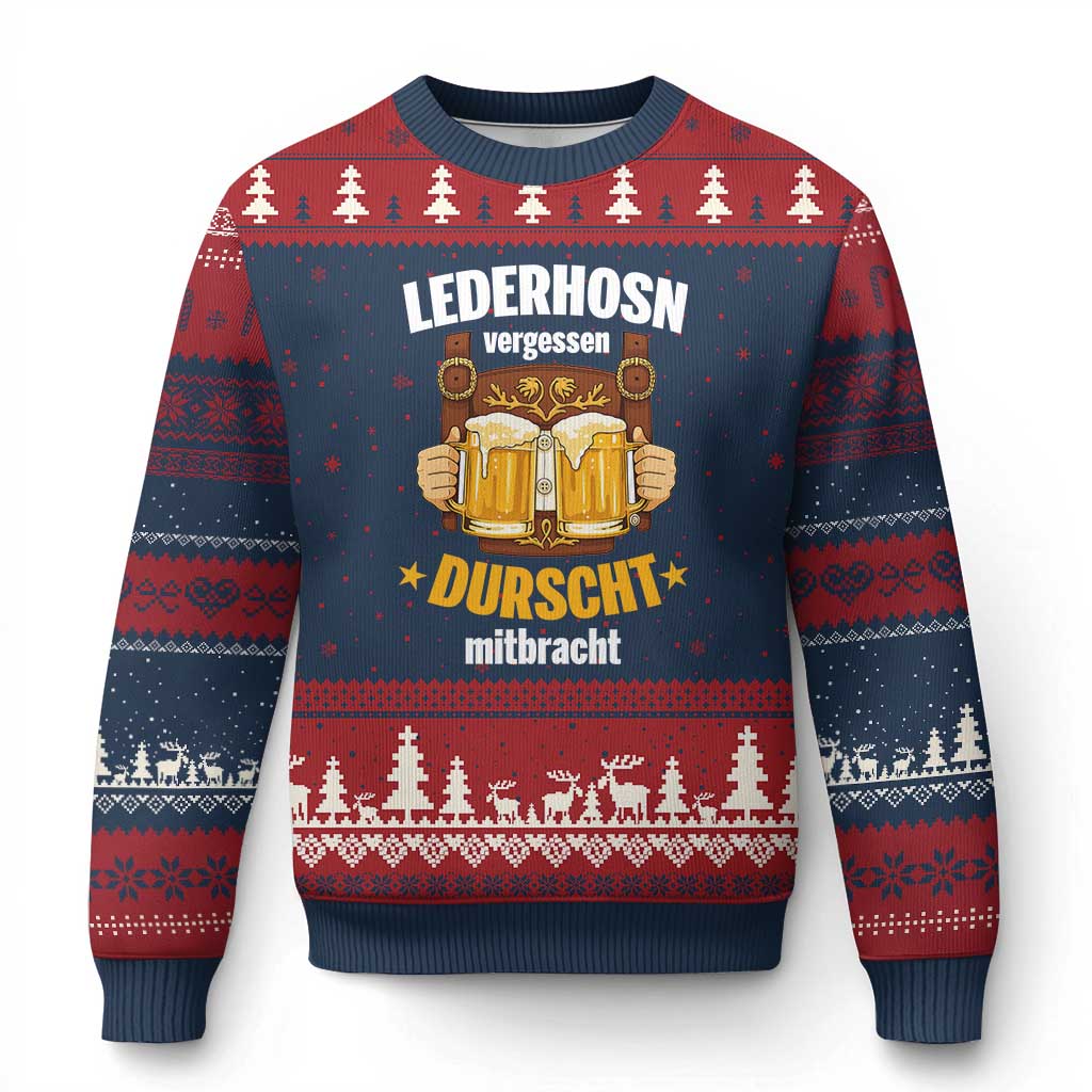 Funny Lederhosen Oktoberfest Beer Drinking Ugly Christmas Sweater Lederhosn Vergessen Durscht Mitbracht - Wonder Print Shop