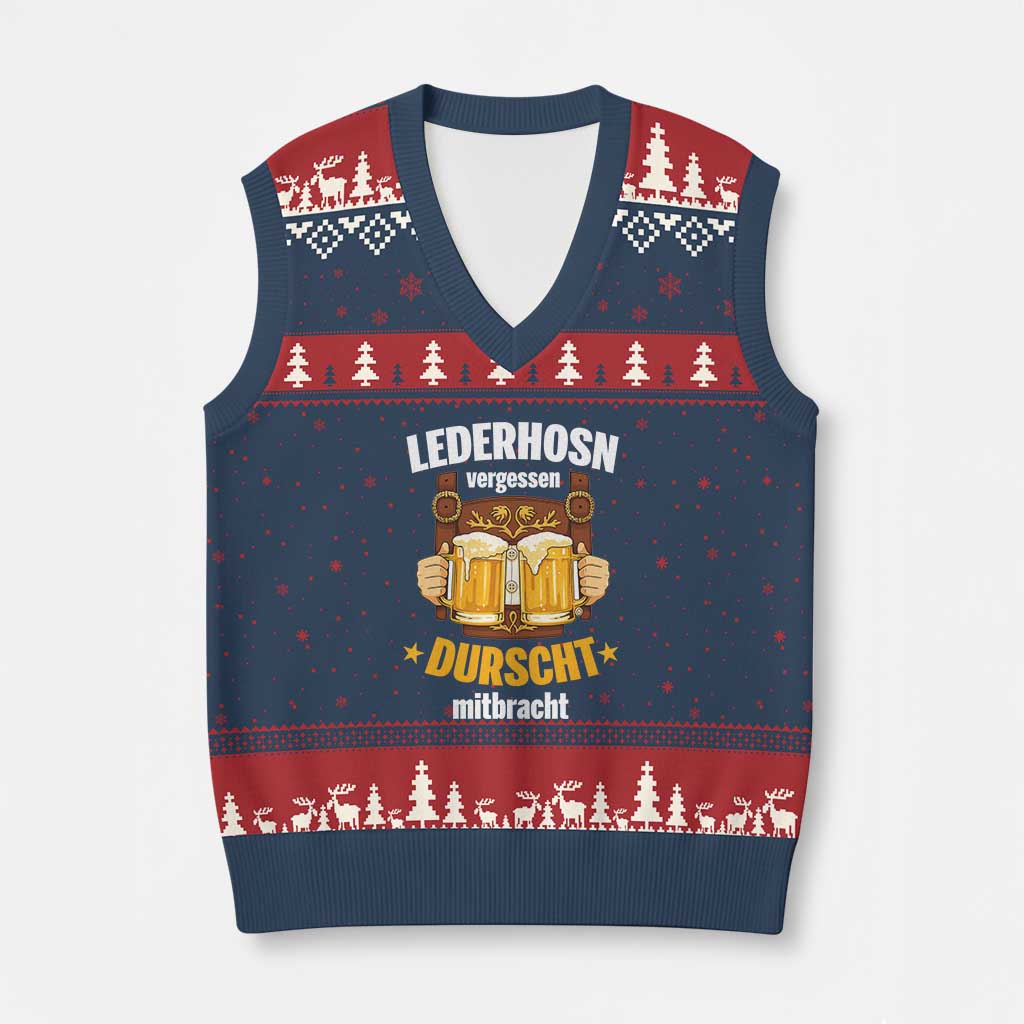 Funny Lederhosen Oktoberfest Beer Drinking V-Neck Knit Sweater Vest Lederhosn Vergessen Durscht Mitbracht - Wonder Print Shop