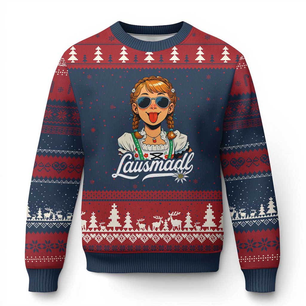 Funny Lausmadl Oktoberfest Ugly Christmas Sweater Bavarian Girl with Braids Sunnies and Sass - Wonder Print Shop