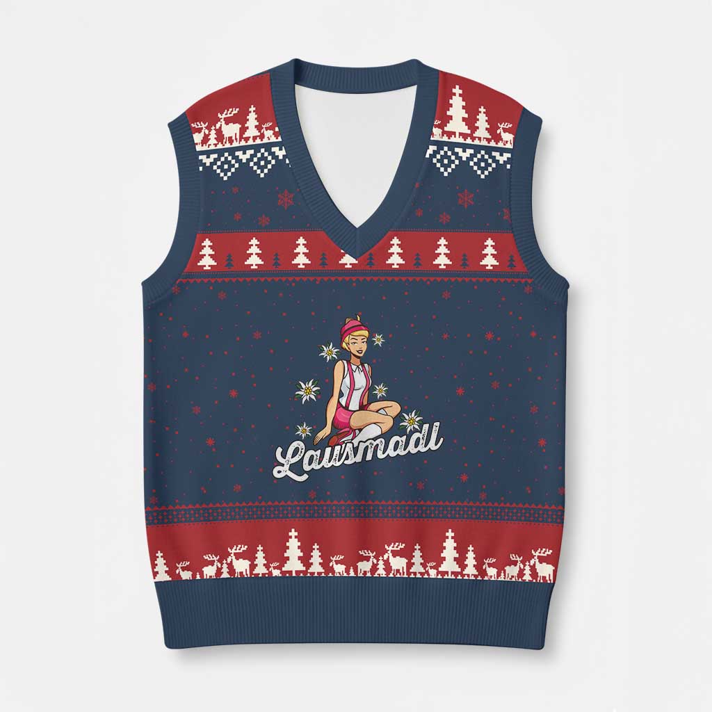 Bavarian Pin Up Girl Lausmadl V-Neck Knit Sweater Vest Oktoberfest Edelweiss Flowers - Wonder Print Shop