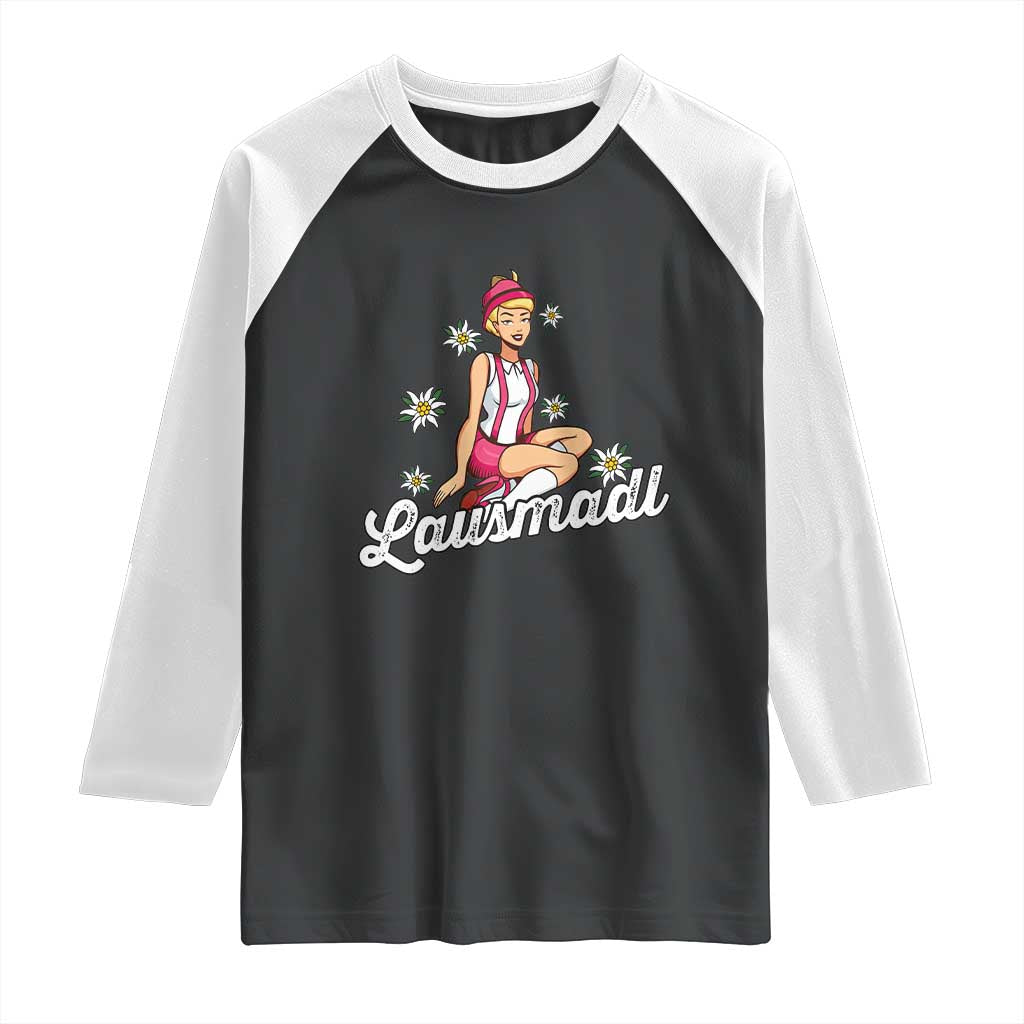 Bavarian Pin Up Girl Lausmadl Raglan Shirt Oktoberfest Edelweiss Flowers - Wonder Print Shop