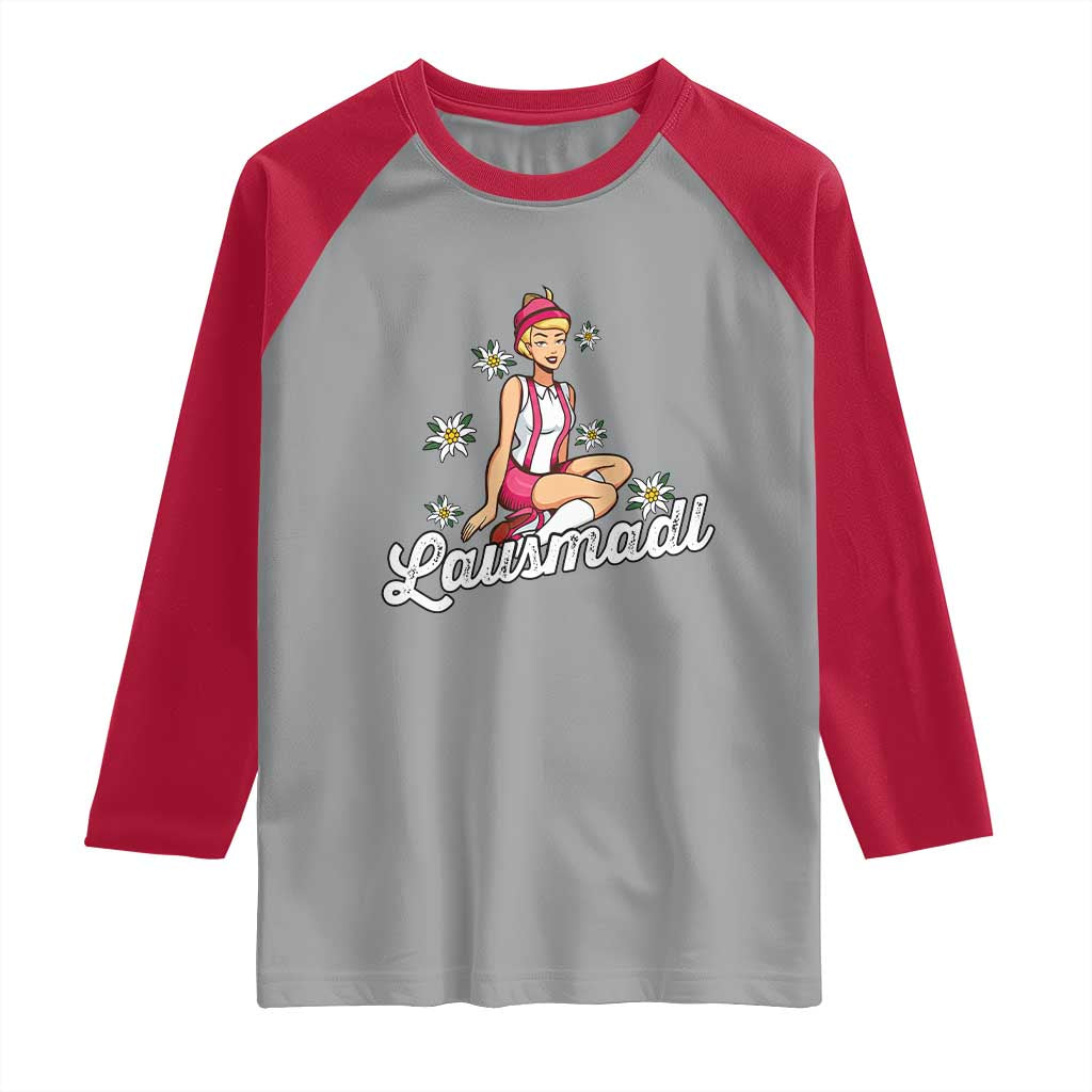 Bavarian Pin Up Girl Lausmadl Raglan Shirt Oktoberfest Edelweiss Flowers - Wonder Print Shop