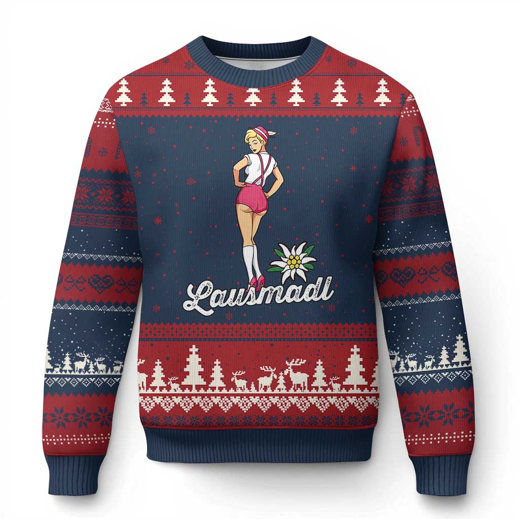 Retro Bavarian Pin Up Girl Lausmadl Ugly Christmas Sweater Oktoberfest Edelweiss Flower - Wonder Print Shop