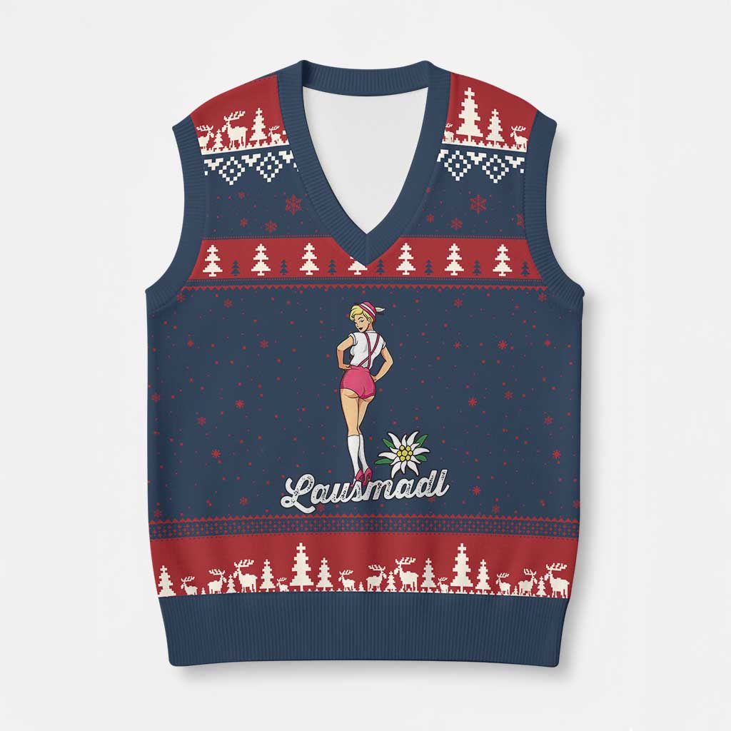 Retro Bavarian Pin Up Girl Lausmadl V-Neck Knit Sweater Vest Oktoberfest Edelweiss Flower - Wonder Print Shop