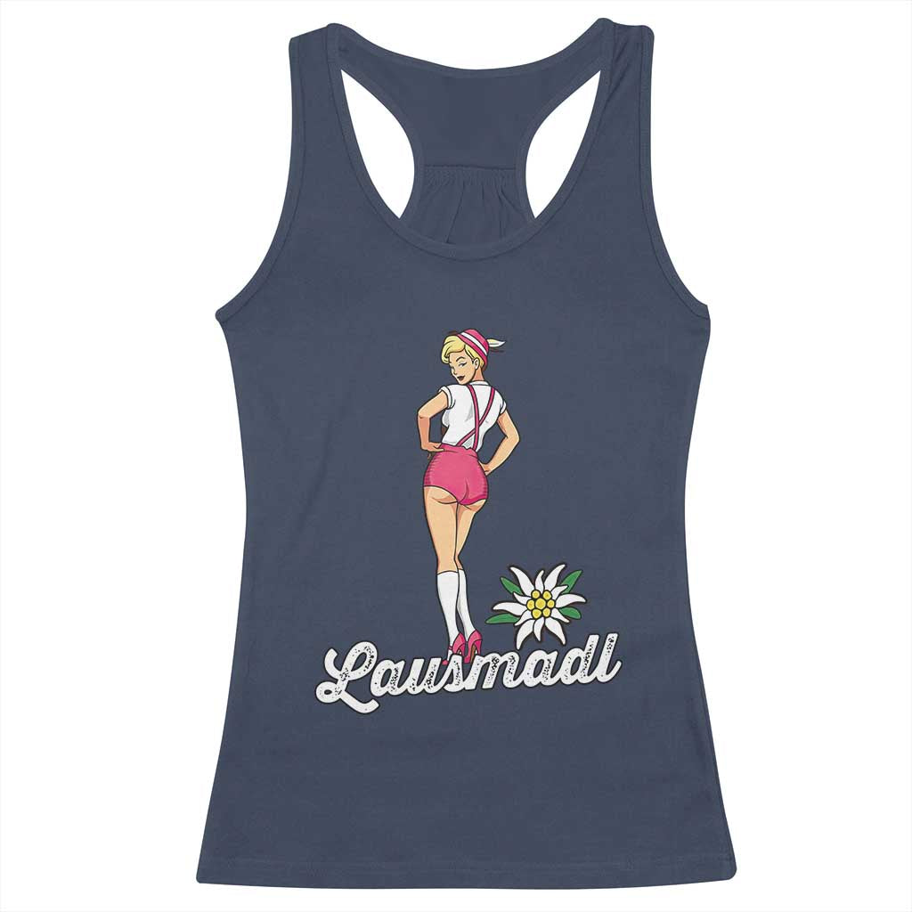 Retro Bavarian Pin Up Girl Lausmadl Racerback Tank Top Oktoberfest Edelweiss Flower - Wonder Print Shop