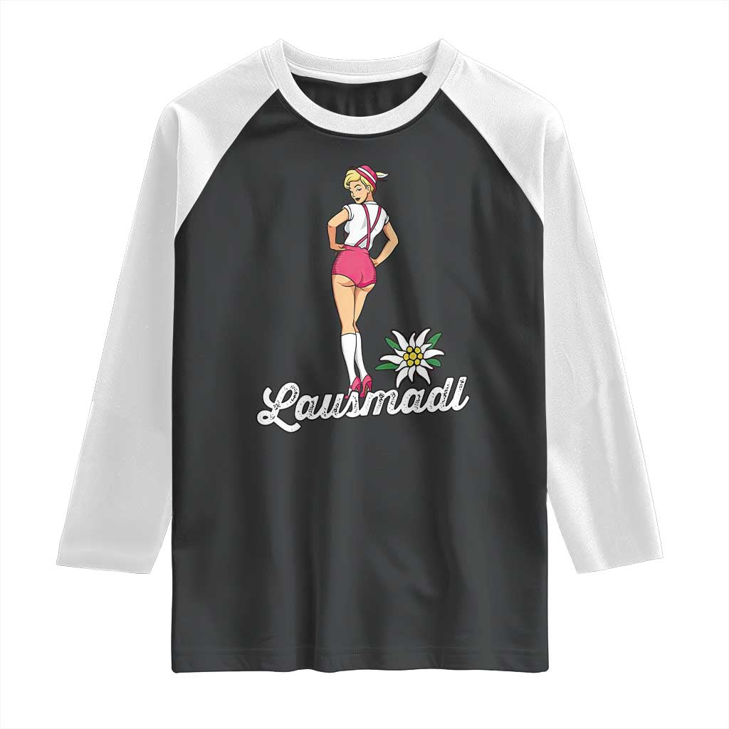 Retro Bavarian Pin Up Girl Lausmadl Raglan Shirt Oktoberfest Edelweiss Flower - Wonder Print Shop