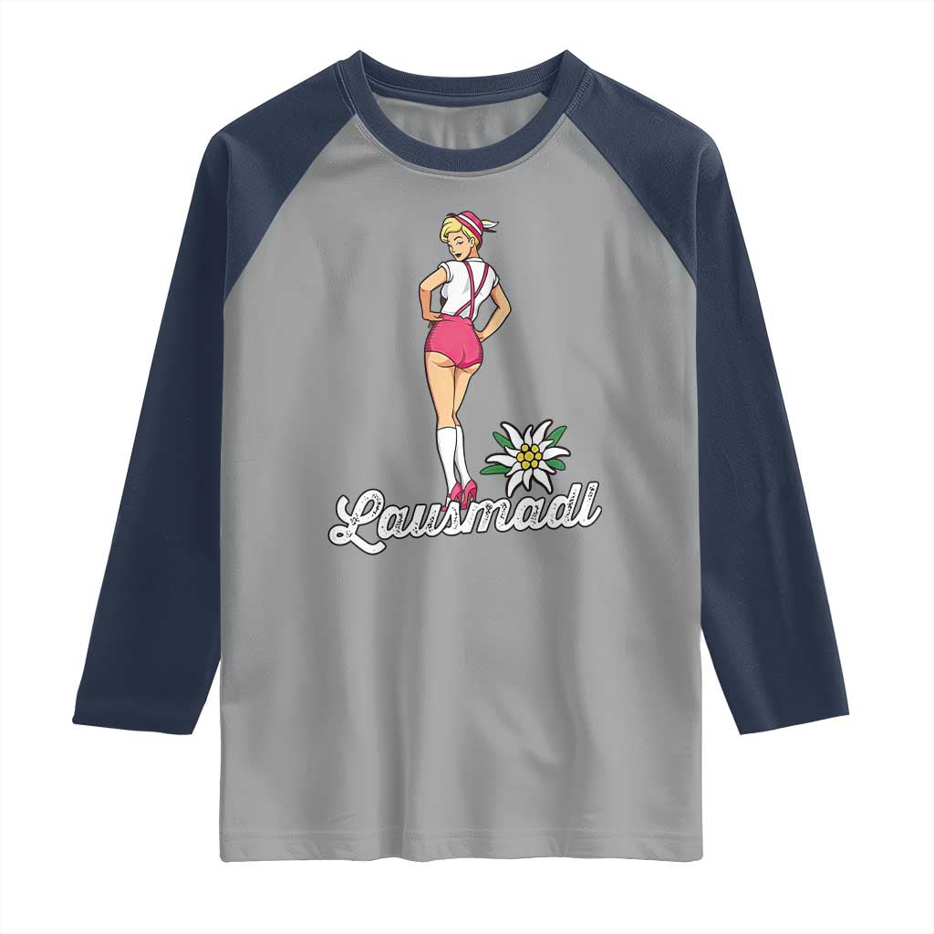 Retro Bavarian Pin Up Girl Lausmadl Raglan Shirt Oktoberfest Edelweiss Flower - Wonder Print Shop