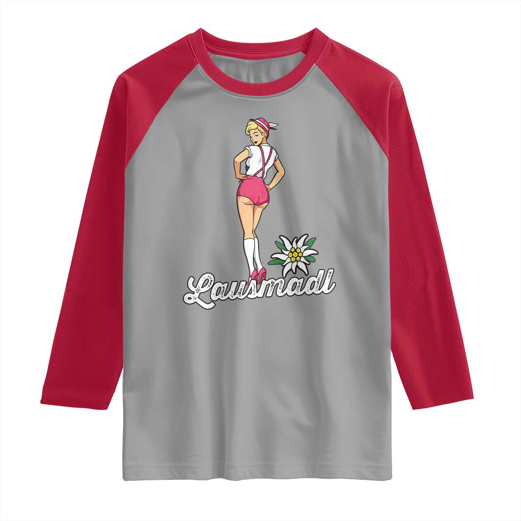 Retro Bavarian Pin Up Girl Lausmadl Raglan Shirt Oktoberfest Edelweiss Flower - Wonder Print Shop
