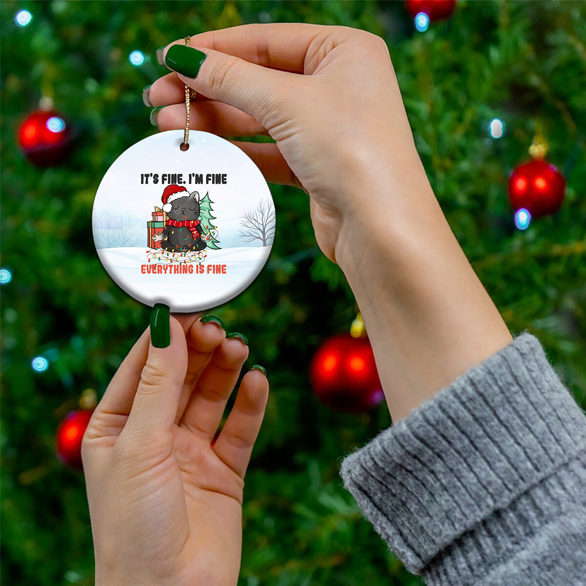Black Cat Christmas Ceramic Ornament It's Fine I'm Fine Everything Is Fine Xmas Light Funny Xmas Vibe - Wonder Print Shop