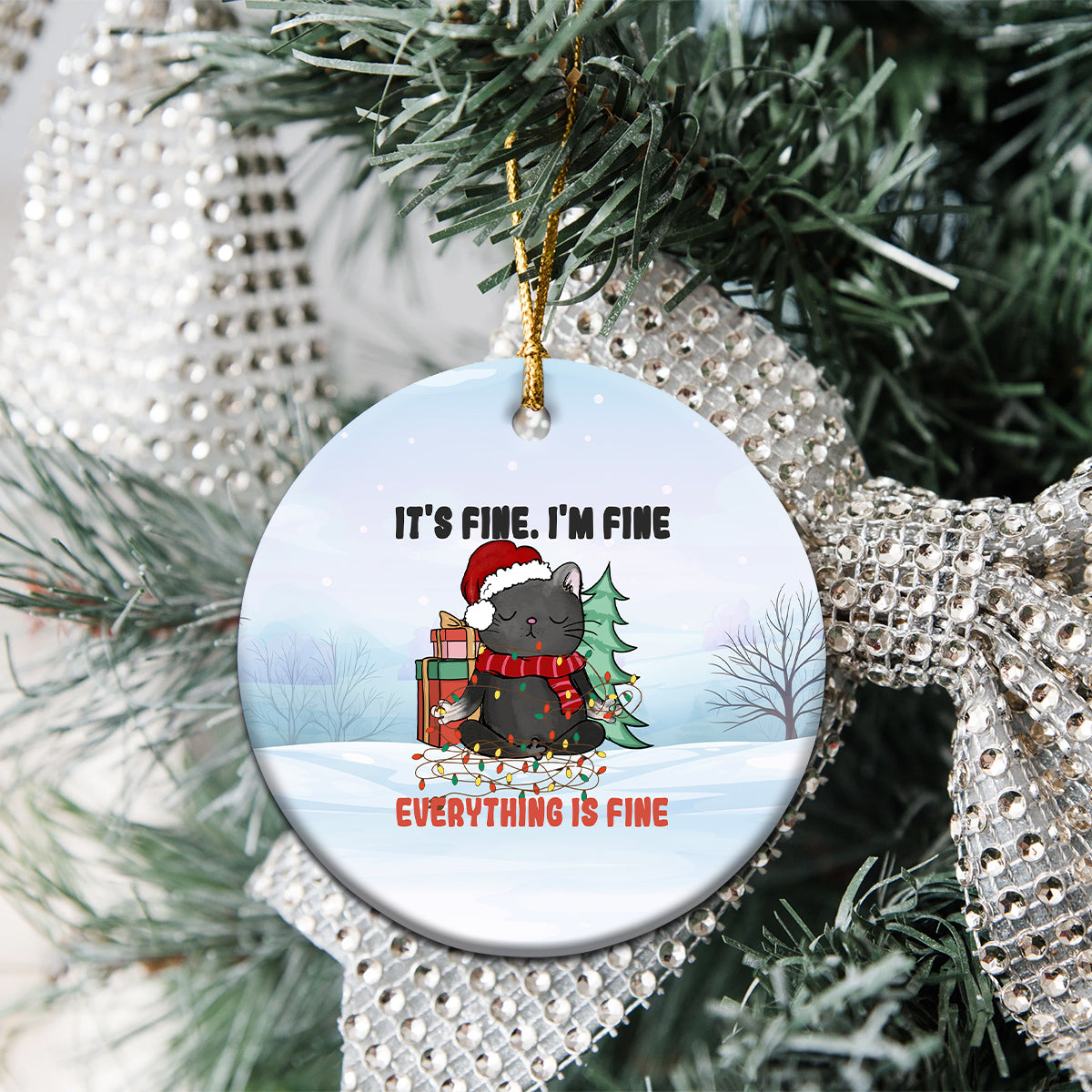 Black Cat Christmas Ceramic Ornament It's Fine I'm Fine Everything Is Fine Xmas Light Funny Xmas Vibe - Wonder Print Shop
