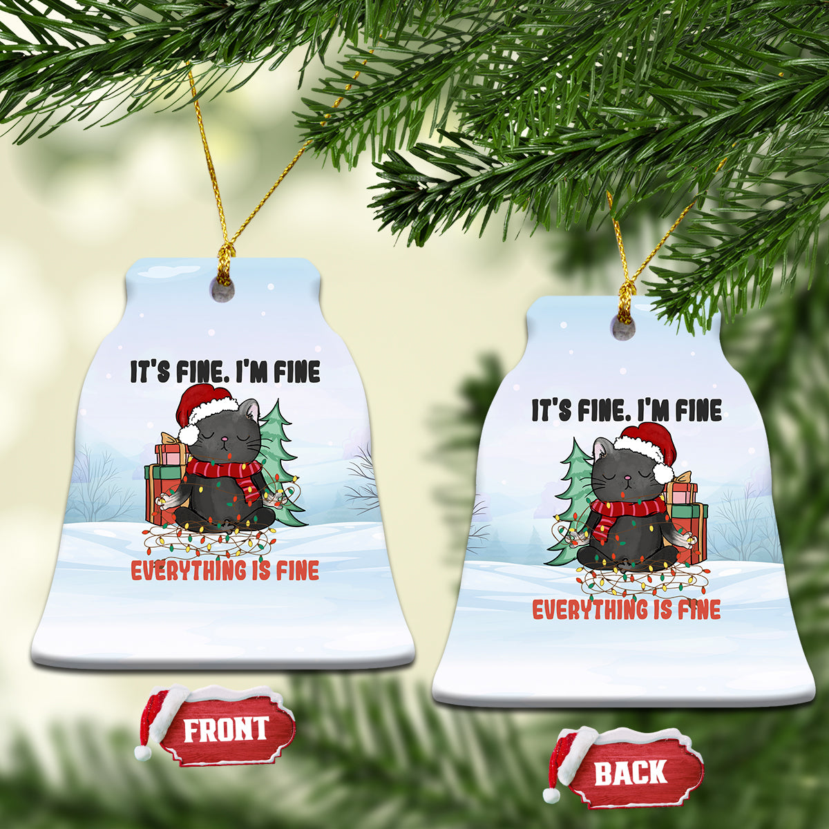 Black Cat Christmas Ceramic Ornament It's Fine I'm Fine Everything Is Fine Xmas Light Funny Xmas Vibe - Wonder Print Shop