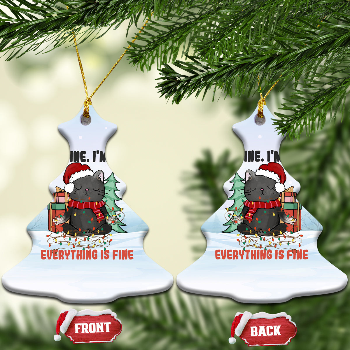 Black Cat Christmas Ceramic Ornament It's Fine I'm Fine Everything Is Fine Xmas Light Funny Xmas Vibe - Wonder Print Shop