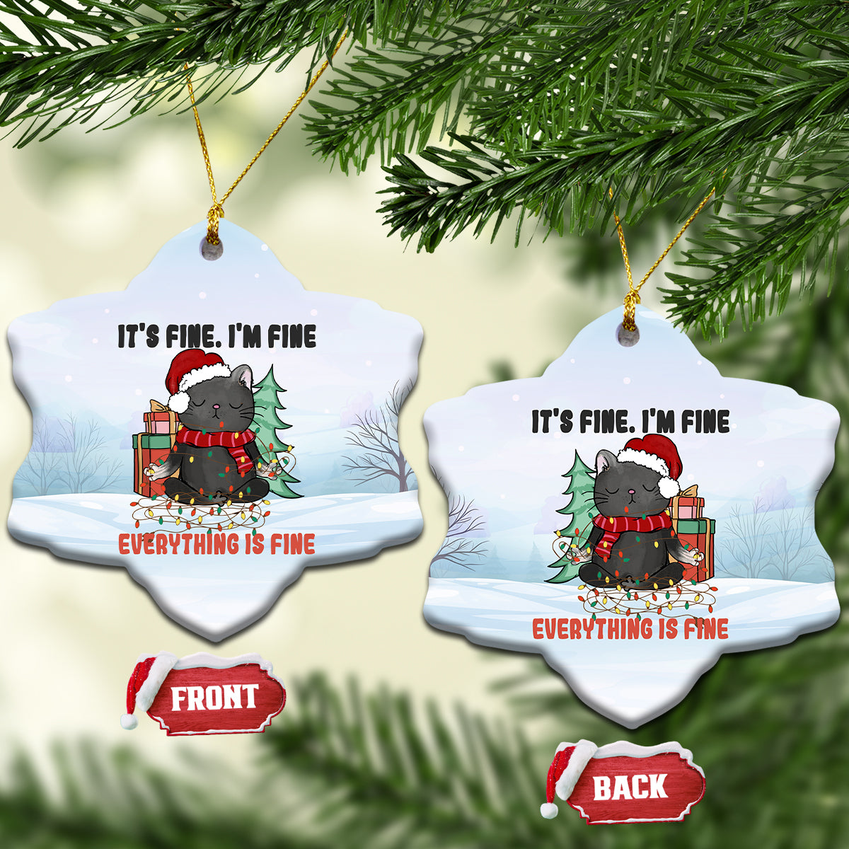 Black Cat Christmas Ceramic Ornament It's Fine I'm Fine Everything Is Fine Xmas Light Funny Xmas Vibe - Wonder Print Shop
