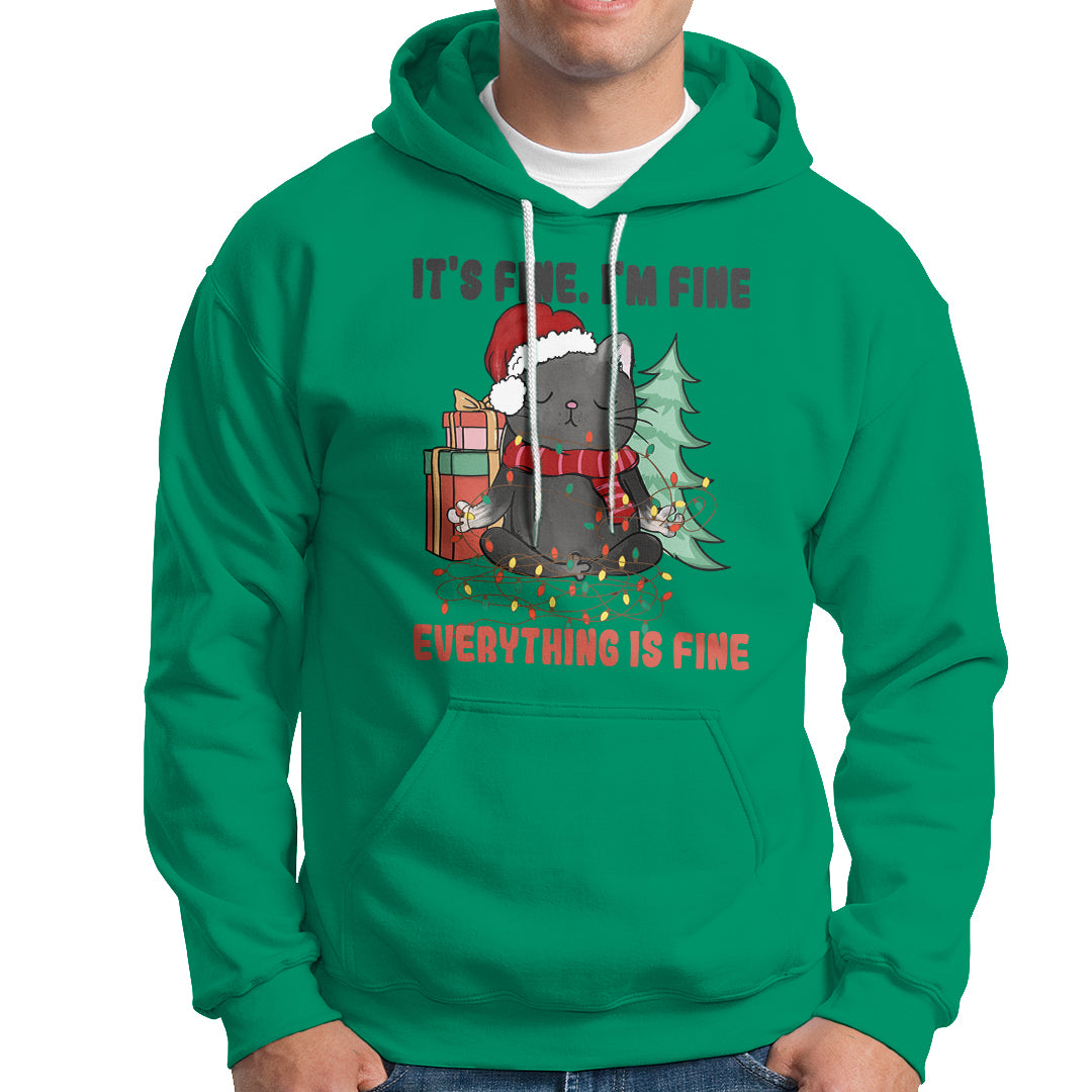 Christmas Black Cat Hoodie It's Fine I'm Fine Everything Is Fine Xmas Light Funny - Wonder Print Shop