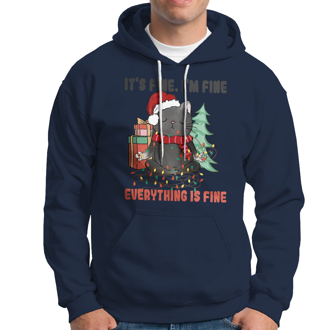 Christmas Black Cat Hoodie It's Fine I'm Fine Everything Is Fine Xmas Light Funny - Wonder Print Shop