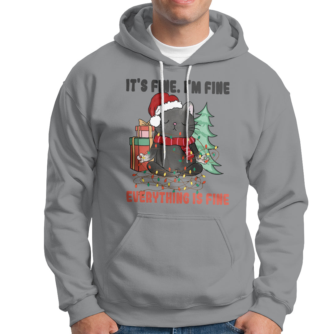 Christmas Black Cat Hoodie It's Fine I'm Fine Everything Is Fine Xmas Light Funny - Wonder Print Shop