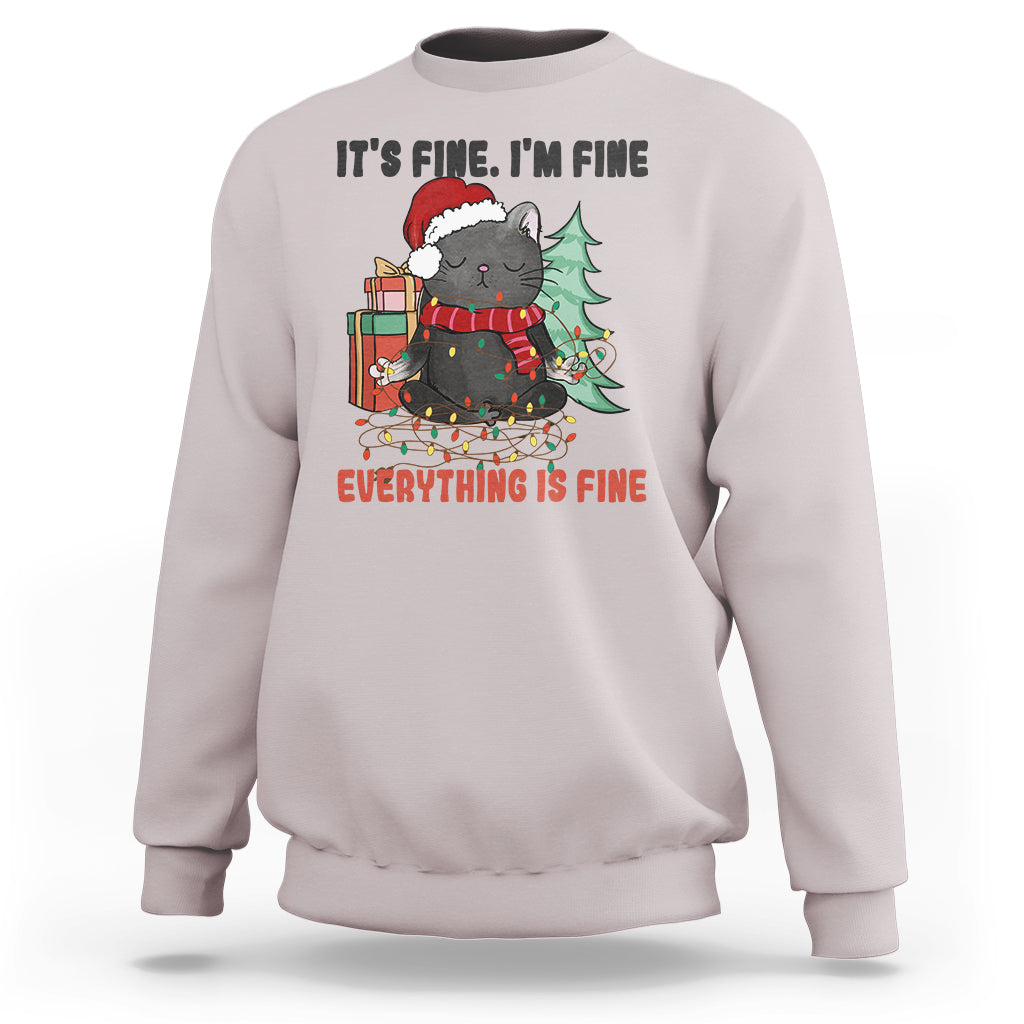 Christmas Black Cat Sweatshirt It's Fine I'm Fine Everything Is Fine Xmas Light Funny - Wonder Print Shop