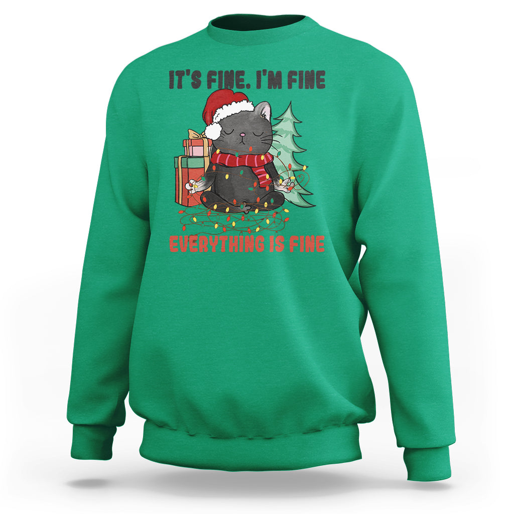 Christmas Black Cat Sweatshirt It's Fine I'm Fine Everything Is Fine Xmas Light Funny - Wonder Print Shop