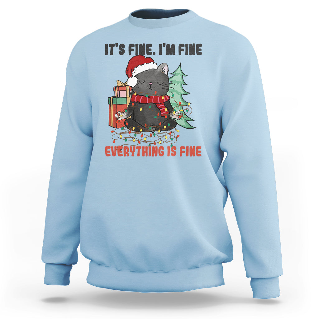 Christmas Black Cat Sweatshirt It's Fine I'm Fine Everything Is Fine Xmas Light Funny - Wonder Print Shop