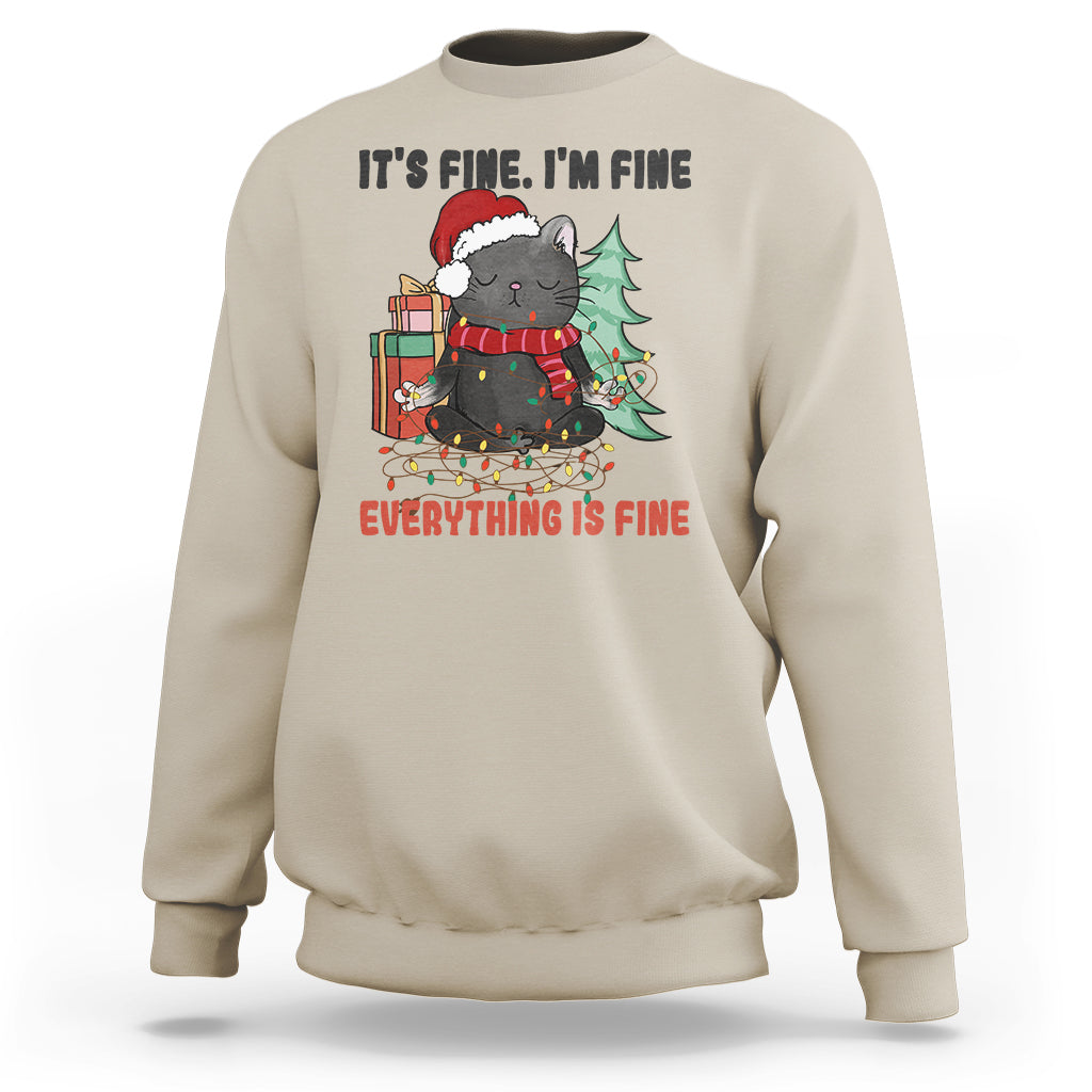 Christmas Black Cat Sweatshirt It's Fine I'm Fine Everything Is Fine Xmas Light Funny - Wonder Print Shop