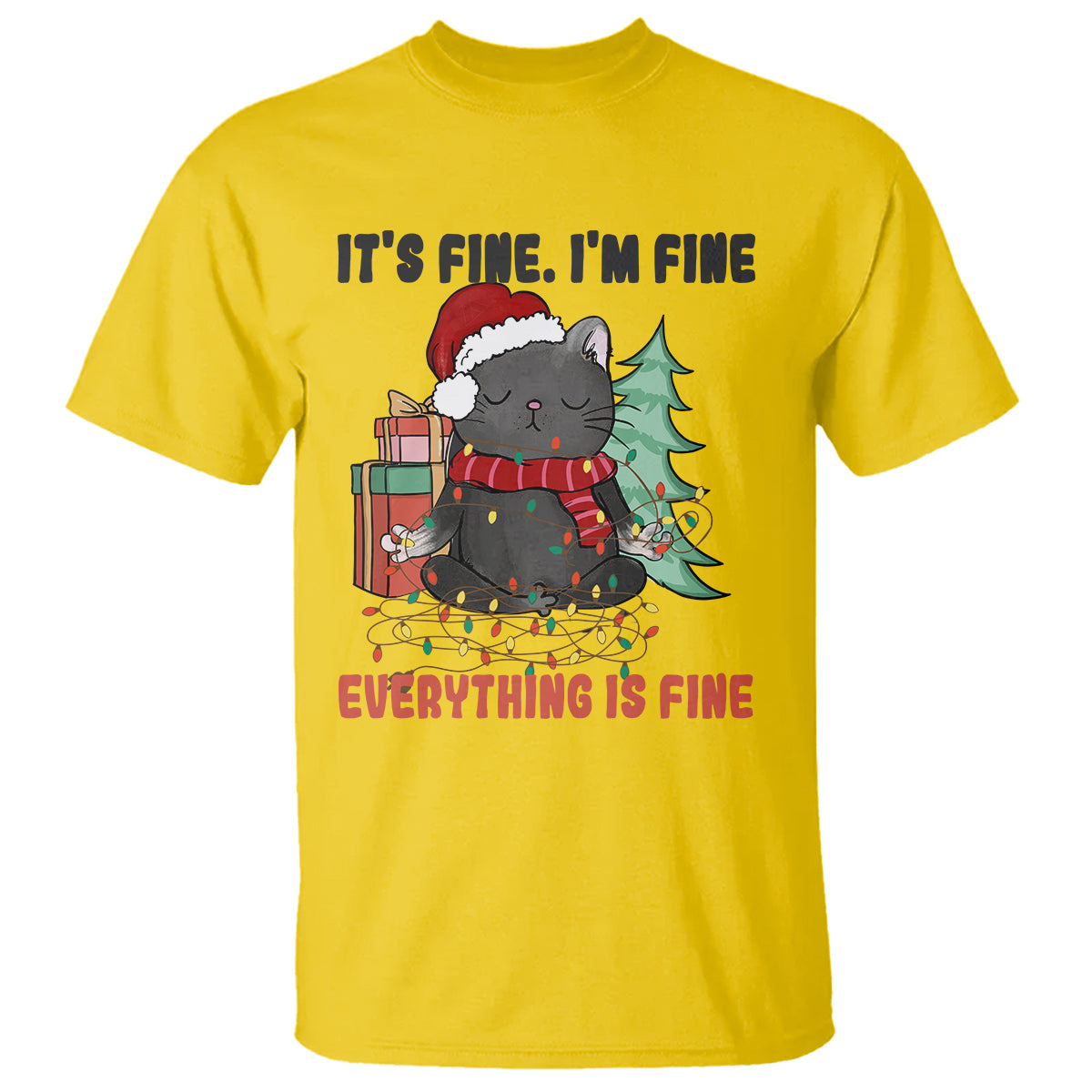 Christmas Black Cat T Shirt It's Fine I'm Fine Everything Is Fine Xmas Light Funny - Wonder Print Shop