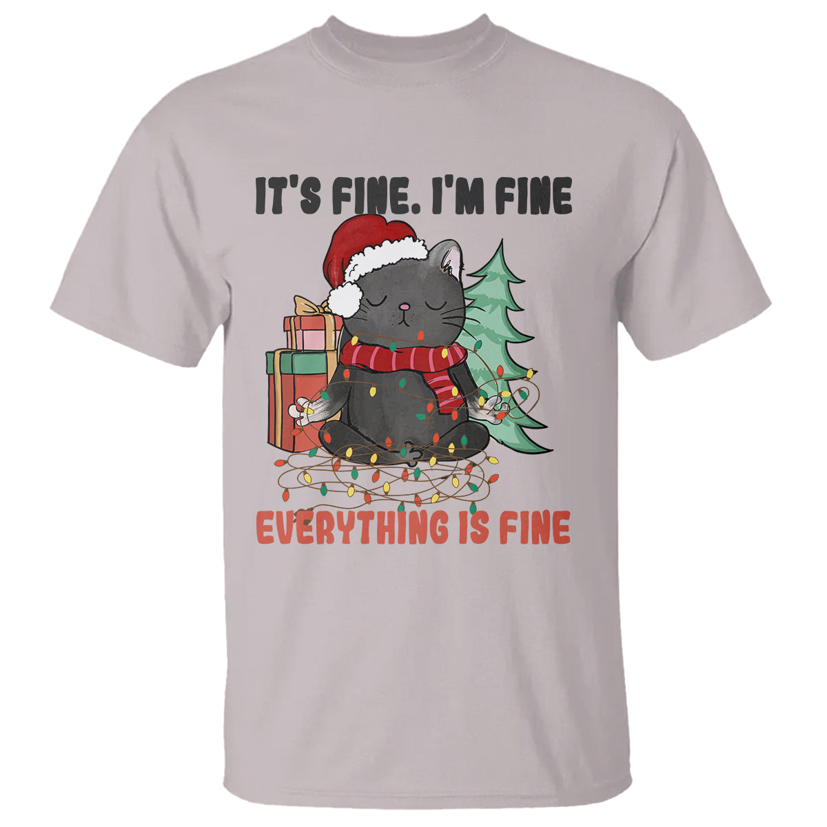 Christmas Black Cat T Shirt It's Fine I'm Fine Everything Is Fine Xmas Light Funny - Wonder Print Shop