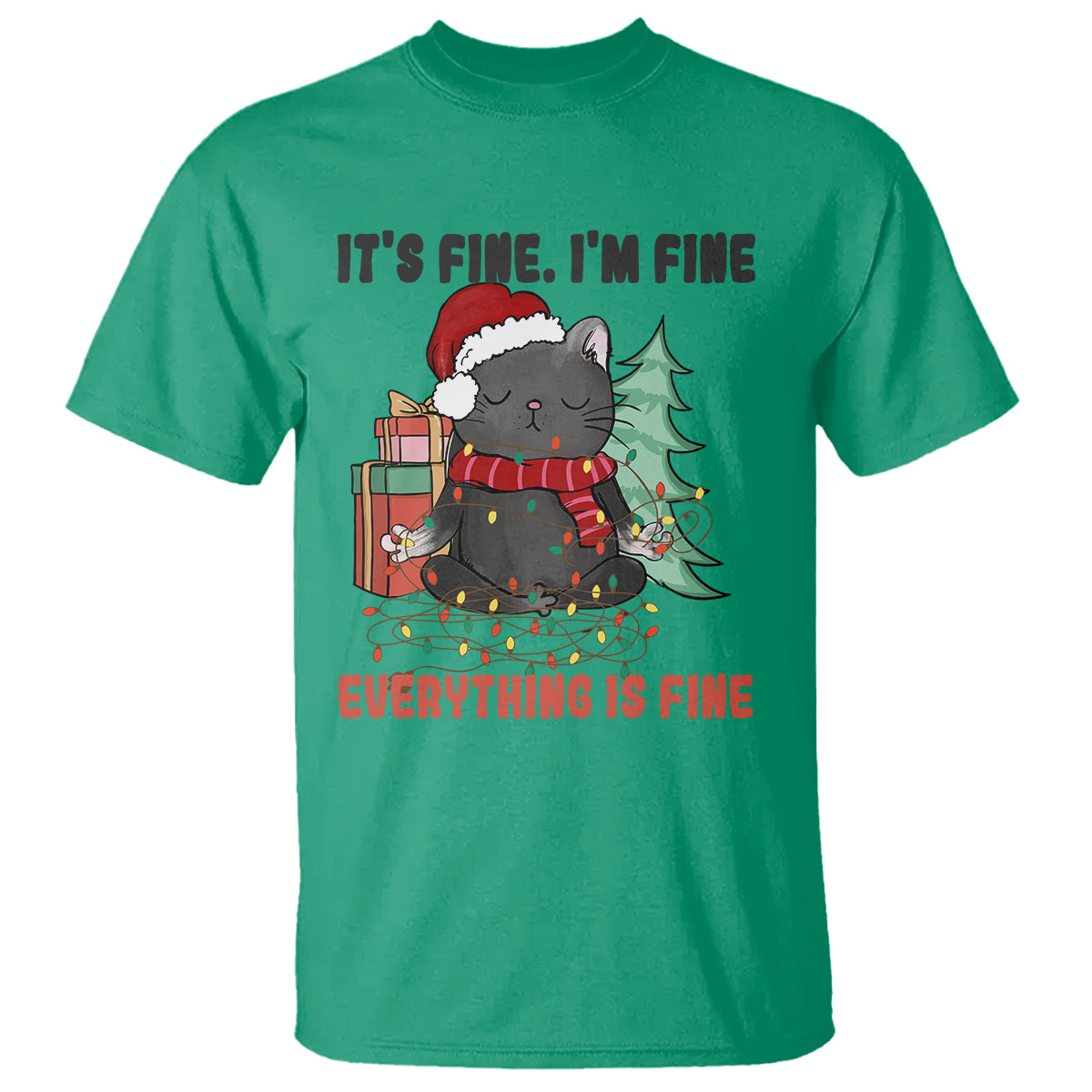 Christmas Black Cat T Shirt It's Fine I'm Fine Everything Is Fine Xmas Light Funny - Wonder Print Shop