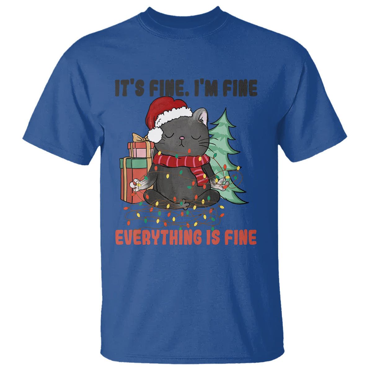 Christmas Black Cat T Shirt It's Fine I'm Fine Everything Is Fine Xmas Light Funny - Wonder Print Shop