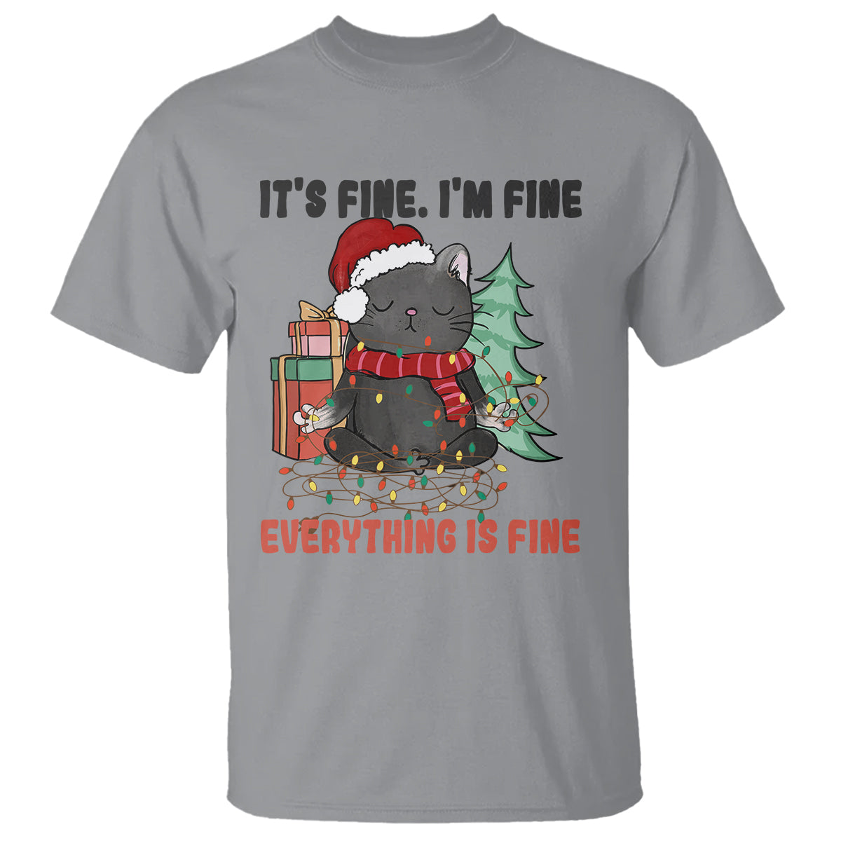 Christmas Black Cat T Shirt It's Fine I'm Fine Everything Is Fine Xmas Light Funny - Wonder Print Shop