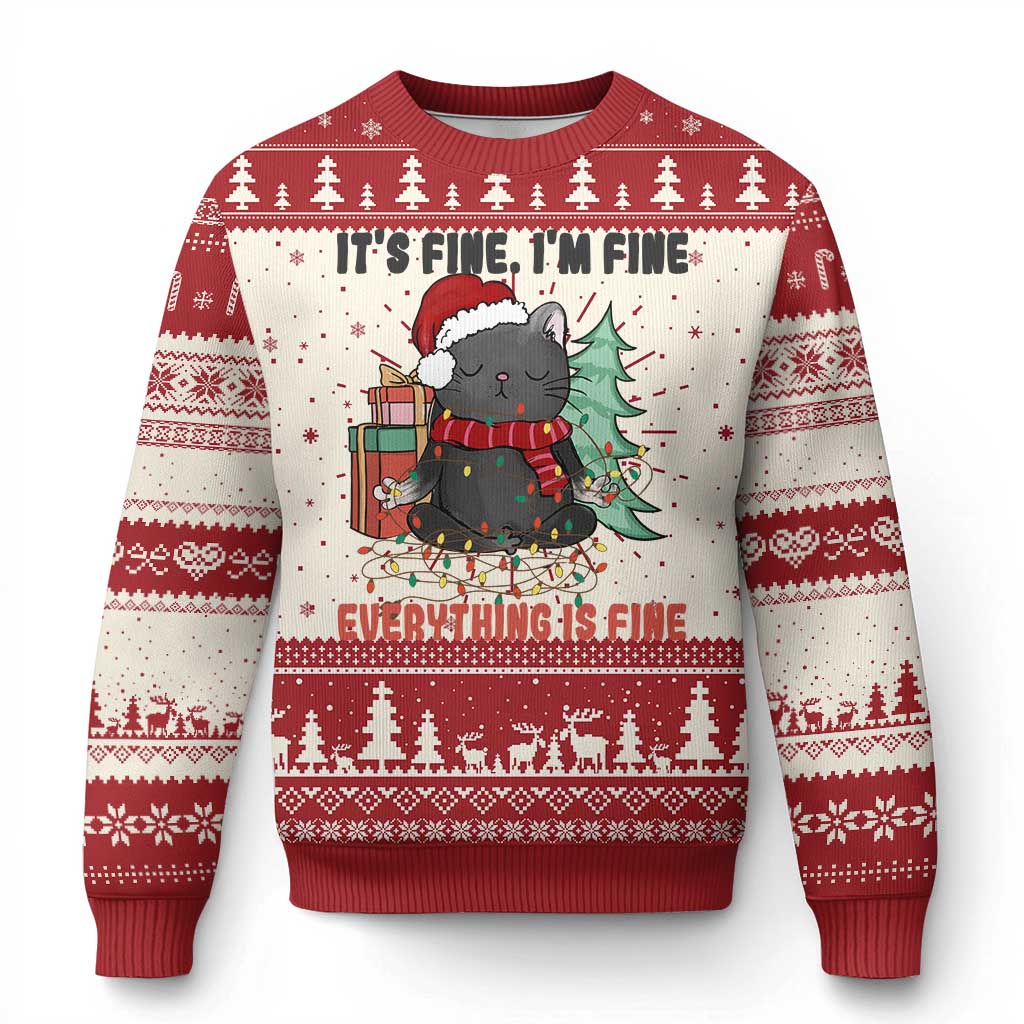 Christmas Black Cat Ugly Christmas Sweater It's Fine I'm Fine Everything Is Fine Xmas Light Funny - Wonder Print Shop