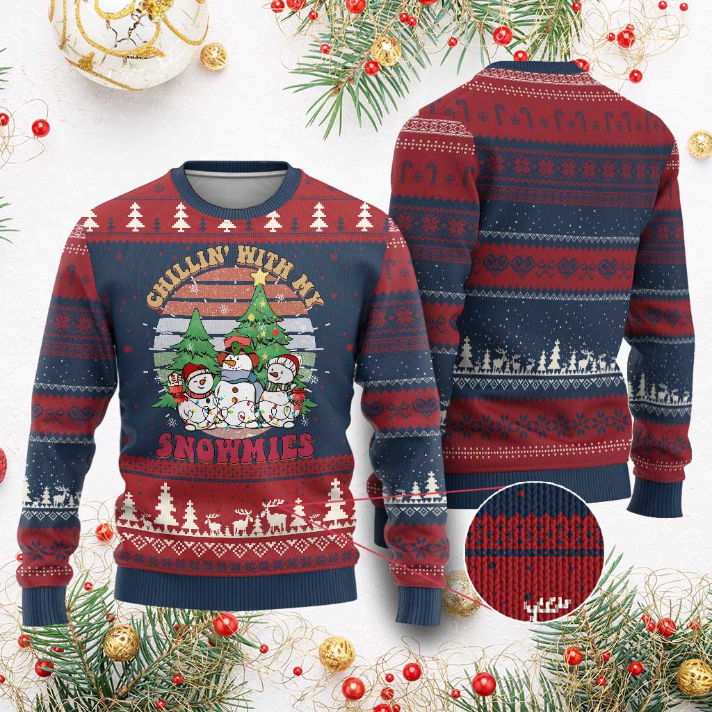 Chrismas Snowman Ugly Christmas Sweater Chillin' With My Snowmies Retro Xmas Vibe - Wonder Print Shop