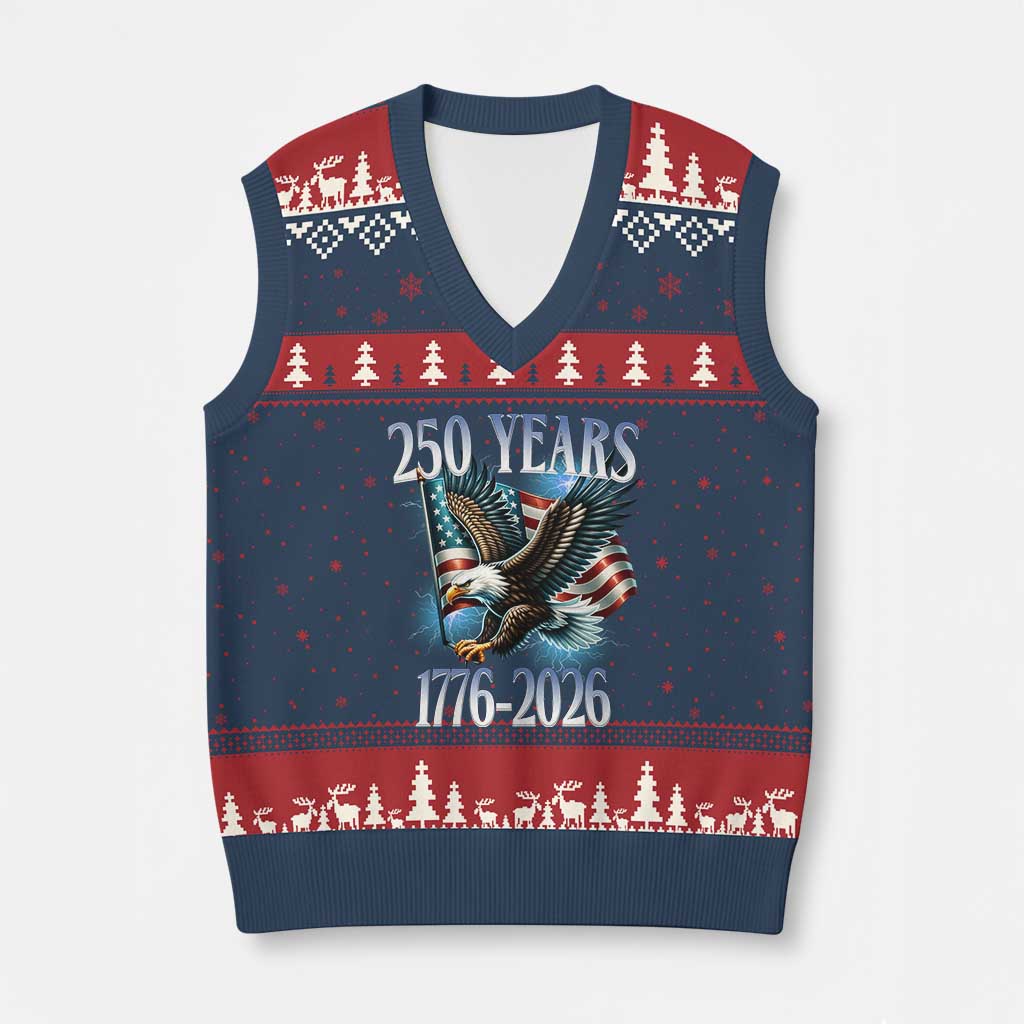 250 Years of American Freedom V-Neck Knit Sweater Vest Bald Eagle USA Flag 1776 to 2026 Patriotic - Wonder Print Shop