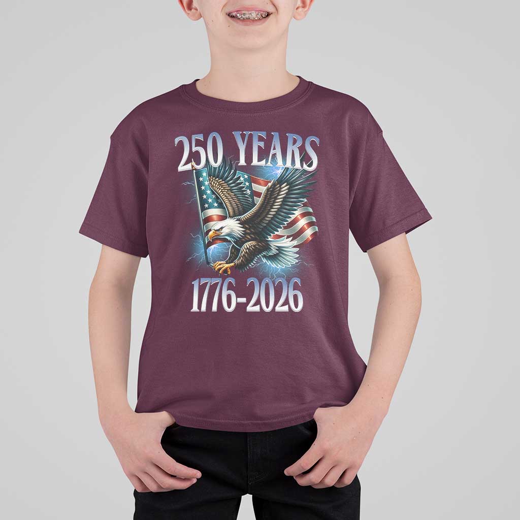 250 Years of American Freedom T Shirt For Kid Bald Eagle USA Flag 1776 to 2026 Patriotic - Wonder Print Shop