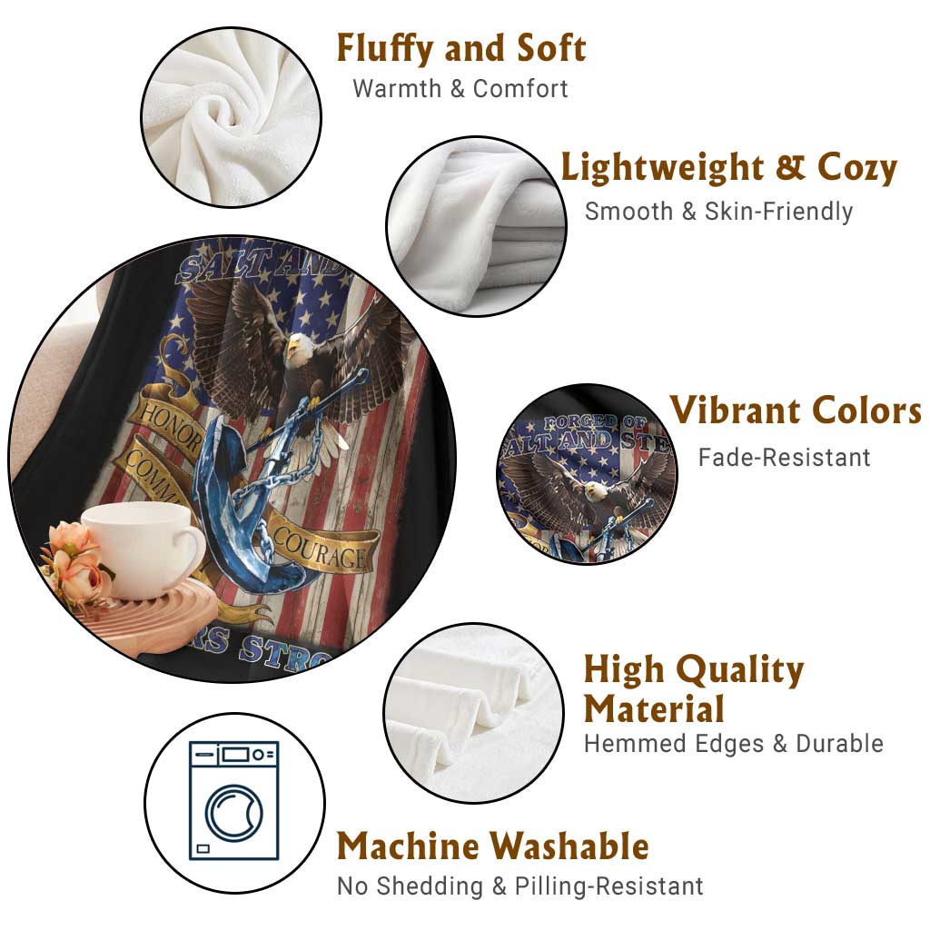 Military Navy 250th Anniversary Throw Blanket Forged of Salt and Steel Patriotic Eagle Anchor American Flag - Wonder Print Shop