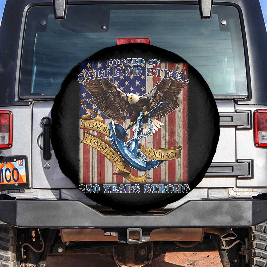 Military Navy 250th Anniversary Spare Tire Cover Forged of Salt and Steel Patriotic Eagle Anchor American Flag - Wonder Print Shop