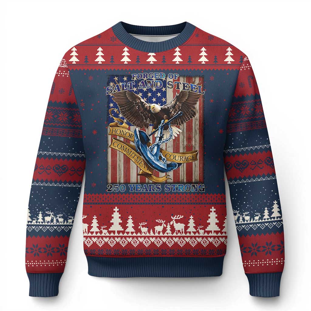 Military Navy 250th Anniversary Ugly Christmas Sweater Forged of Salt and Steel Patriotic Eagle Anchor American Flag - Wonder Print Shop
