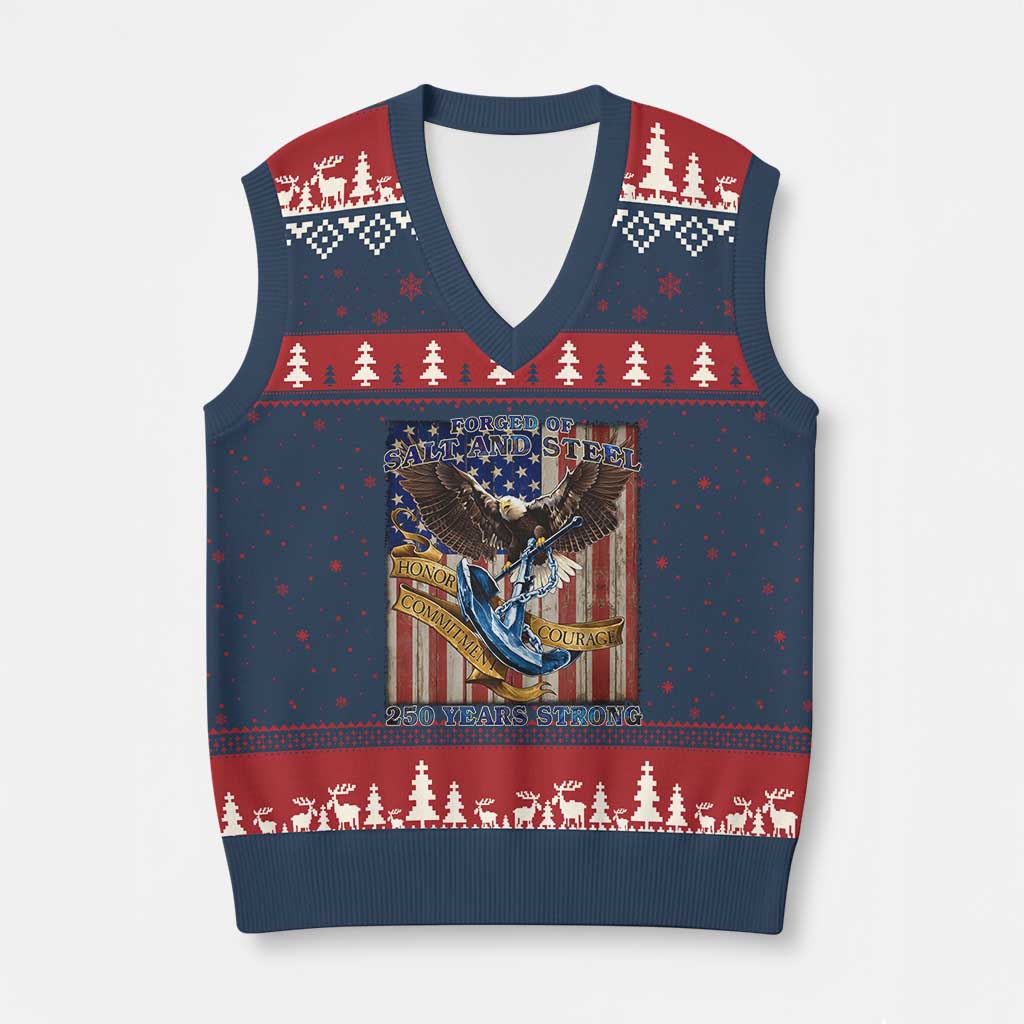 Military Navy 250th Anniversary V-Neck Knit Sweater Vest Forged of Salt and Steel Patriotic Eagle Anchor American Flag - Wonder Print Shop