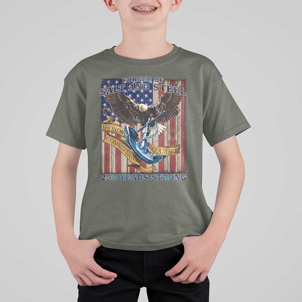 Military Navy 250th Anniversary T Shirt For Kid Forged of Salt and Steel Patriotic Eagle Anchor American Flag - Wonder Print Shop