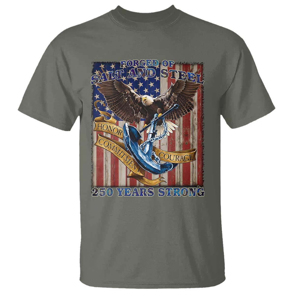 Military Navy 250th Anniversary T Shirt Forged of Salt and Steel Patriotic Eagle Anchor American Flag - Wonder Print Shop