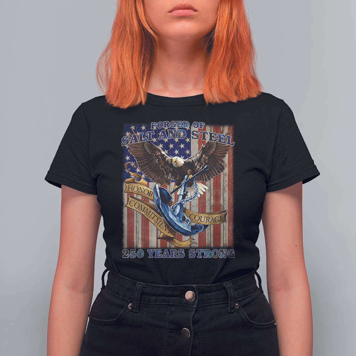 Military Navy 250th Anniversary T Shirt For Women Forged of Salt and Steel Patriotic Eagle Anchor American Flag - Wonder Print Shop