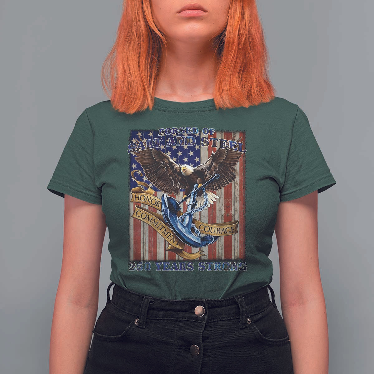 Military Navy 250th Anniversary T Shirt For Women Forged of Salt and Steel Patriotic Eagle Anchor American Flag - Wonder Print Shop