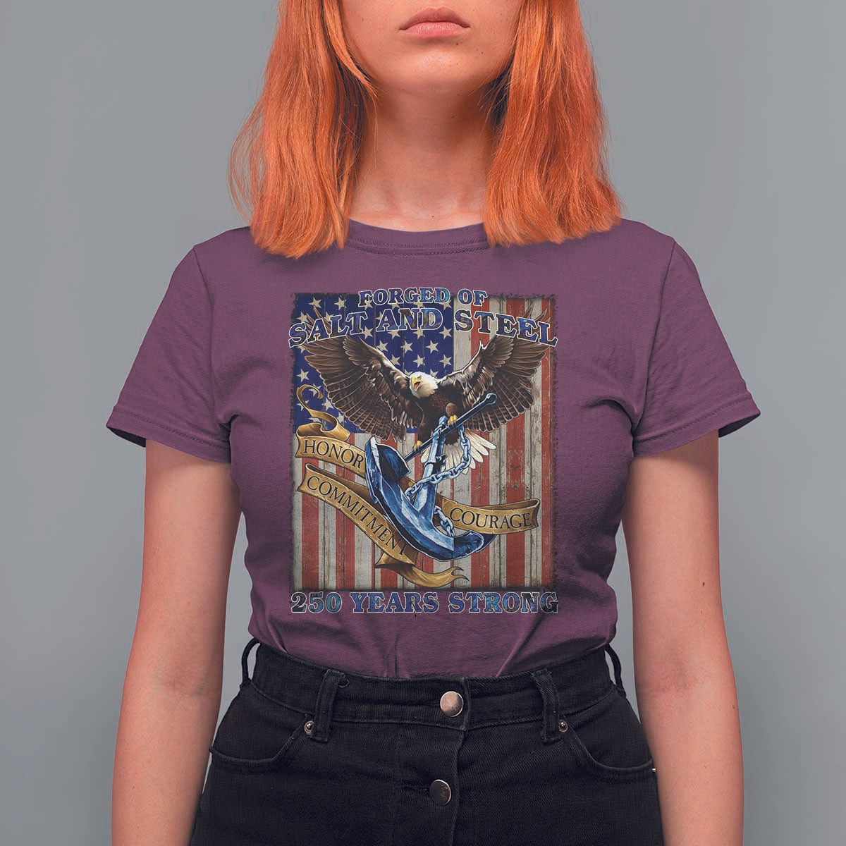 Military Navy 250th Anniversary T Shirt For Women Forged of Salt and Steel Patriotic Eagle Anchor American Flag - Wonder Print Shop