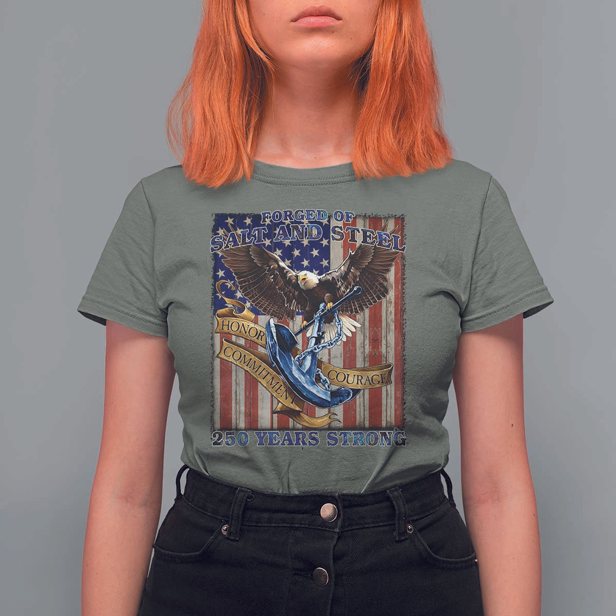 Military Navy 250th Anniversary T Shirt For Women Forged of Salt and Steel Patriotic Eagle Anchor American Flag - Wonder Print Shop