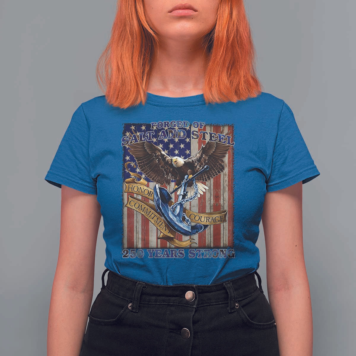 Military Navy 250th Anniversary T Shirt For Women Forged of Salt and Steel Patriotic Eagle Anchor American Flag - Wonder Print Shop